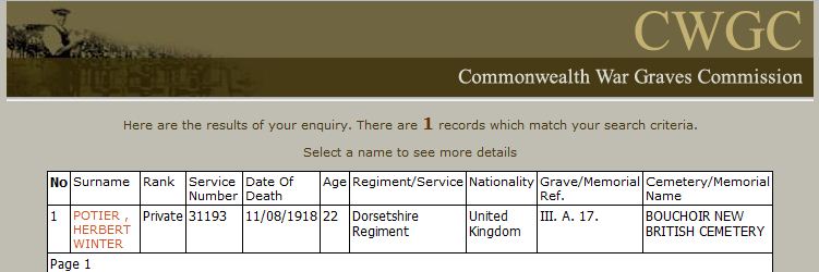 Herbert Winter Potier, War Graves Commission search